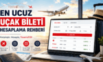 En ucuz uçak bileti hesaplama rehberini gösteren görsel. Uçuş fiyatı karşılaştırma ekranı, dizüstü bilgisayar ve havalanan uçak yer alıyor.