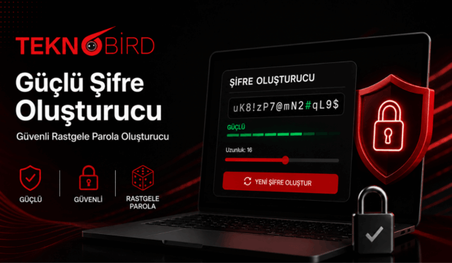Teknobird güçlü şifre oluşturucu ile güvenli rastgele parola üretimi ekranı