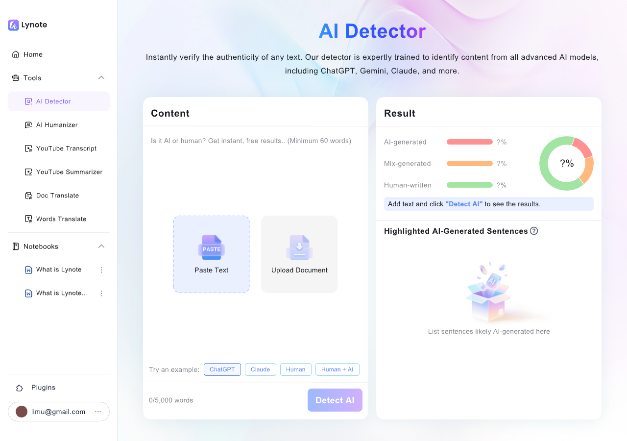 Lynote AI Detector: Yapay Zekâ İçerik Tespit Aracı Arayüzü