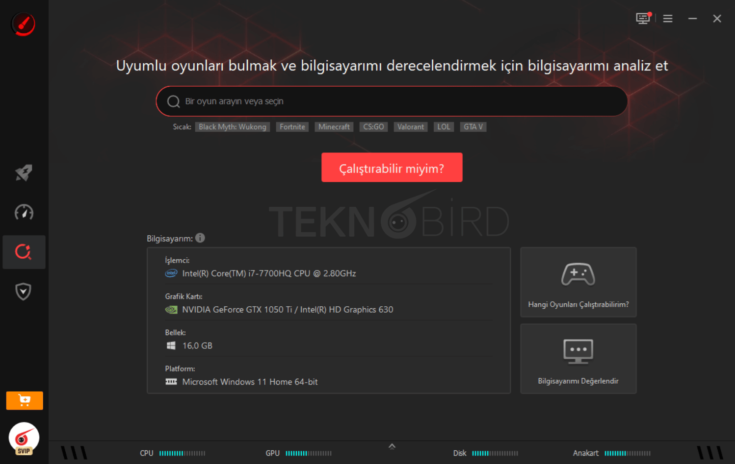 Smart Game Booster Can I Run It ekranında bilgisayar özelliklerini analiz ederek hangi oyunları çalıştırabileceğini gösteren arayüz.