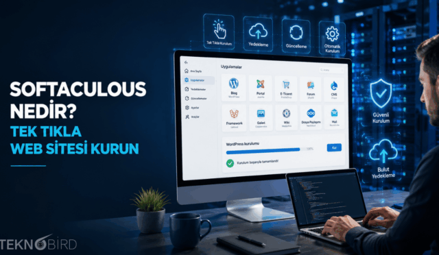 Softaculous nedir? cPanel üzerinden WordPress ve diğer web uygulamalarını tek tıkla kurmayı gösteren web hosting kontrol paneli görseli.