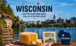 Wisconsin eyaletinin gölleri, Madison şehir manzarası ve peynir kültürünü yansıtan kolaj görseli
