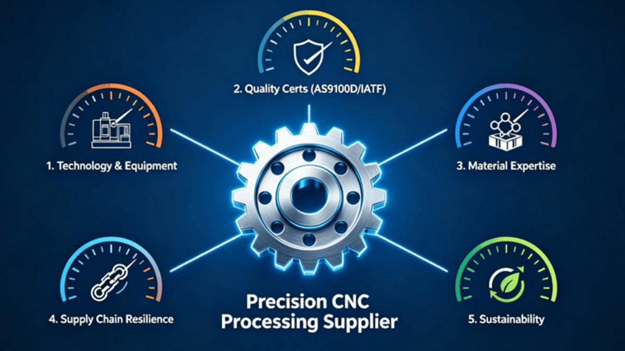 Infographic illustrating the 5 critical dimensions for evaluating a precision CNC machining service provider: Technology, Quality Certifications, Material Expertise, Supply Chain, and Sustainability.