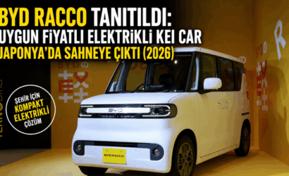 BYD Racco elektrikli kei car modeli Japonya'da 2026 tanıtım etkinliğinde sergileniyor.