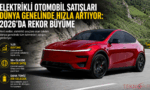 Kırmızı elektrikli SUV, dağ yolunda ilerlerken küresel elektrikli otomobil satışlarındaki rekor büyümeyi temsil ediyor.