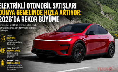 Kırmızı elektrikli SUV, dağ yolunda ilerlerken küresel elektrikli otomobil satışlarındaki rekor büyümeyi temsil ediyor.
