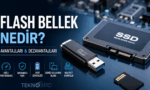 Flash bellek nedir ile avantajları ve dezavantajlarını anlatan; SSD, USB bellek ve SD kart gösteren Teknobird görseli.