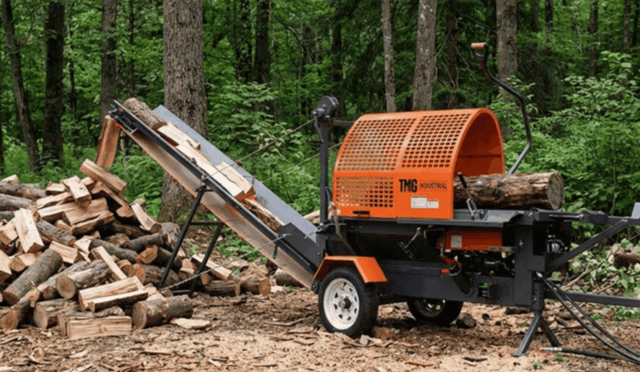 Following a log through a firewood processor as it saws, splits, and stacks a Canadian summer woodpile