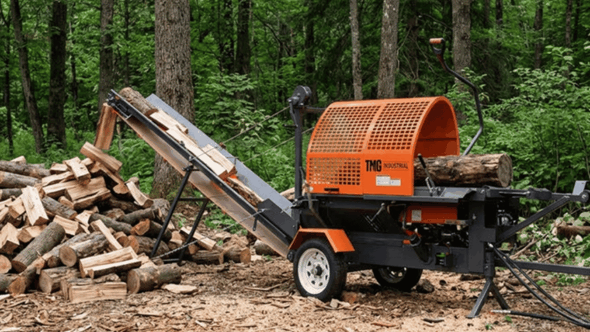 Following a log through a firewood processor as it saws, splits, and stacks a Canadian summer woodpile
