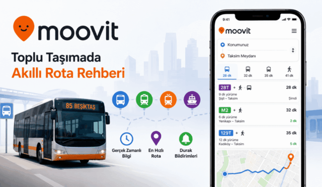 Moovit uygulaması ile otobüs, metro ve toplu taşıma rotalarını gösteren akıllı navigasyon ekranı