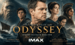Odyssey 2026 filmi kapak görseli, epik deniz yolculuğu, antik Yunan savaşçısı ve IMAX temalı sinema afişi