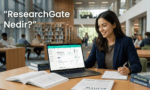 Kütüphanede dizüstü bilgisayarından ResearchGate profili inceleyen araştırmacı kadın ve "ResearchGate Nedir?" yazısı.