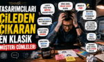 Başını ellerinin arasına almış stresli bir grafik tasarımcı ve etrafında müşteri revize cümleleri içeren konuşma balonları.