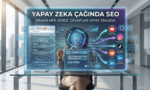 Dijital bir ekran üzerinden yapay zeka, geleneksel arama motorları ve sosyal medya platformları arasındaki yeni nesil SEO bağlantılarını inceleyen profesyonel.