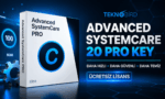Advanced SystemCare 20 Pro sürümü için ücretsiz lisans anahtarı kampanyasını gösteren IObit yazılım kutusu tasarımı.
