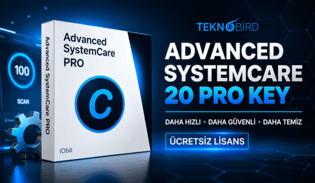Advanced SystemCare 20 Pro sürümü için ücretsiz lisans anahtarı kampanyasını gösteren IObit yazılım kutusu tasarımı.