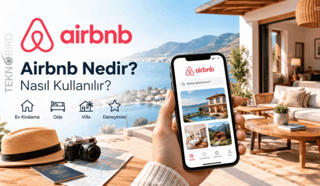 Teknobird logolu, "Airbnb Nedir? Nasıl Kullanılır?" başlıklı görsel. Görselde bir kişinin elinde Airbnb uygulamasının açık olduğu akıllı telefon, arka planda deniz manzaralı bir tatil evi terası ve masanın üzerinde hasır şapka, fotoğraf makinesi ile pasaport yer alıyor. Ayrıca ev kiralama, oda, villa ve deneyimler simgeleri bulunuyor.