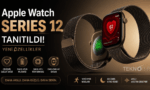 Bronz renkli kordonuyla Apple Watch Series 12 akıllı saatin nabız ölçüm ekranını ve arka yüzeydeki yeşil sensörlerini gösteren; gelişmiş sağlık takibi, daha uzun pil ömrü ve daha parlak ekran gibi özellikleri vurgulayan tanıtım görseli.