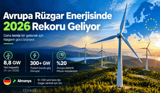 Avrupa 2026 rüzgar enerjisi rekoru, 8,8 GW yeni kapasite, 300+ GW toplam kurulu güç ve yenilenebilir enerji istatistikleri.