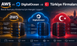 Bulut sunucu kiralama seçeneklerini karşılaştıran görsel. AWS (Geniş Hizmet, Yüksek Ölçeklenebilirlik, Güçlü Altyapı), DigitalOcean (Kolay Kullanım, Hızlı Kurulum, Geliştirici Dostu) ve Türkiye Firmaları (Türkiye Lokasyonu, TL ile Ödeme, Yerel Destek) sunucu özellikleriyle listeleniyor.