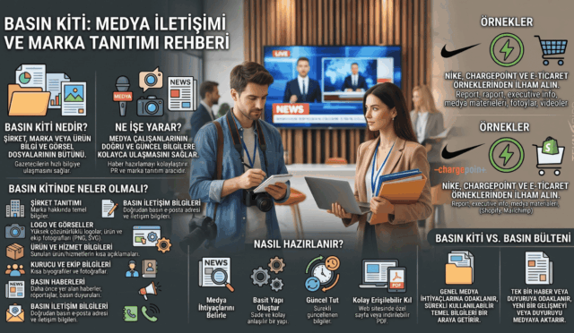 Medya iletişimi ve marka tanıtımı için hazırlanan basın kiti (press kit) dijital dosyalarını ve içeriklerini inceleyen iletişim uzmanı ve gazeteci.