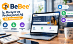 BeBee platformunun iş ilanları, freelancer hizmetleri ve profesyonel ağ özelliklerini tanıtan, ofis masası üzerinde açık bir dizüstü bilgisayar, kahve kupası ve not defteri içeren profesyonel çalışma ortamı tasarımı.
