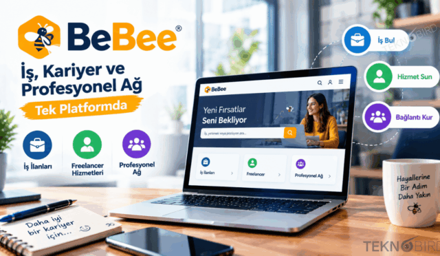 BeBee platformunun iş ilanları, freelancer hizmetleri ve profesyonel ağ özelliklerini tanıtan, ofis masası üzerinde açık bir dizüstü bilgisayar, kahve kupası ve not defteri içeren profesyonel çalışma ortamı tasarımı.