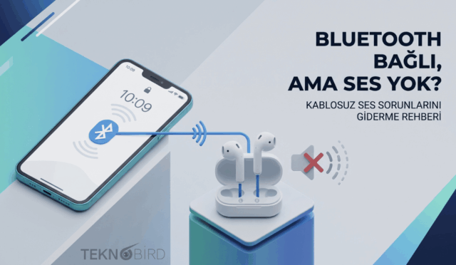 Ekranda Bluetooth simgesi açık olan bir akıllı telefon ile şarj kutusundaki kablosuz kulaklıklar arasında kurulan mavi bağlantı çizgisi. Kulaklıkların yanında sesin gelmediğini belirten, üzerinde kırmızı çarpı işareti bulunan bir hoparlör simgesi yer alıyor.