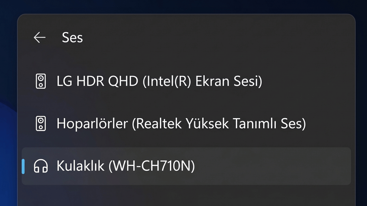 Windows 11 Ses Çıkış Cihazı Değiştirme Windows 11 ses çıkışı ayarları menüsü. Seçenekler arasında monitör hoparlörü, dahili hoparlörler ve seçili durumda olan Bluetooth Kulaklık (WH-CH710N) bulunuyor.