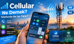 Elinde akıllı telefon tutan bir kişi; ekranda Cellular (hücresel) ağ bağlantısı kontrol paneli açık, arka planda ise 4G ve 5G sinyalleri yayan bir baz istasyonu bulunuyor.