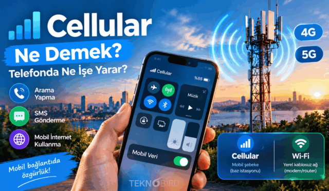Elinde akıllı telefon tutan bir kişi; ekranda Cellular (hücresel) ağ bağlantısı kontrol paneli açık, arka planda ise 4G ve 5G sinyalleri yayan bir baz istasyonu bulunuyor.