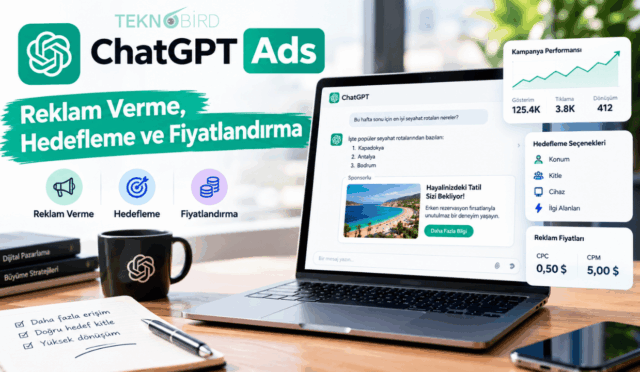 Dizüstü bilgisayar ekranında ChatGPT Ads arayüzü ve sponsorlu reklam örneği; kampanya performansı, hedefleme seçenekleri, CPC ve CPM reklam fiyatlandırmalarını gösteren dijital pazarlama çalışma masası konsepti.