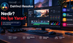 DaVinci Resolve video kurgu, renk düzenleme, görsel efekt ve ses düzenleme araçlarını barındıran arayüzün profesyonel bir masaüstü stüdyo ortamındaki görünümü.