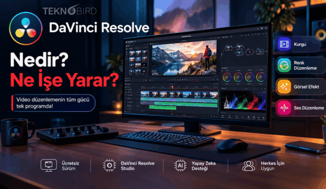 DaVinci Resolve video kurgu, renk düzenleme, görsel efekt ve ses düzenleme araçlarını barındıran arayüzün profesyonel bir masaüstü stüdyo ortamındaki görünümü.