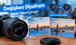 18-55mm lensli bir fotoğraf makinesi ve zoom yaptıkça diyaframın f/3.5 değerinden f/5.6 değerine nasıl daraldığını gösteren Kız Kulesi fotoğrafları.