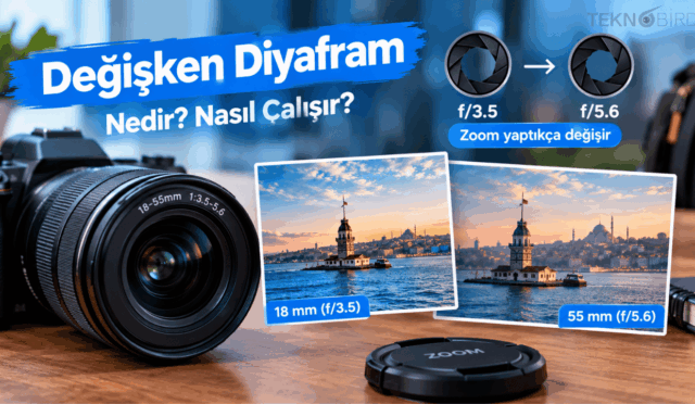 18-55mm lensli bir fotoğraf makinesi ve zoom yaptıkça diyaframın f/3.5 değerinden f/5.6 değerine nasıl daraldığını gösteren Kız Kulesi fotoğrafları.
