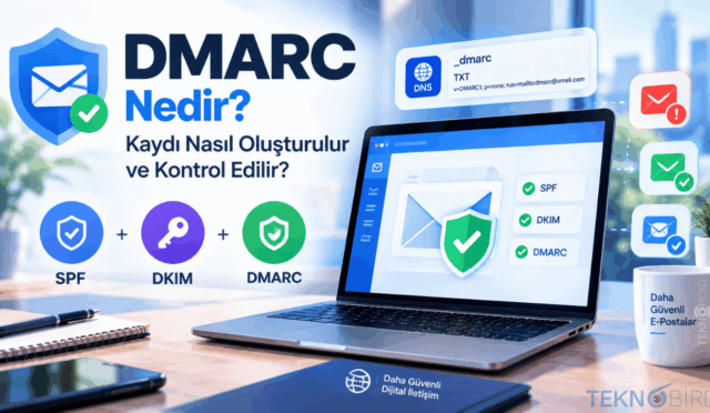 E-posta güvenliği için DMARC nedir, SPF ve DKIM ile birlikte DNS üzerinden DMARC kaydı oluşturma ve kontrol adımlarını anlatan şema.