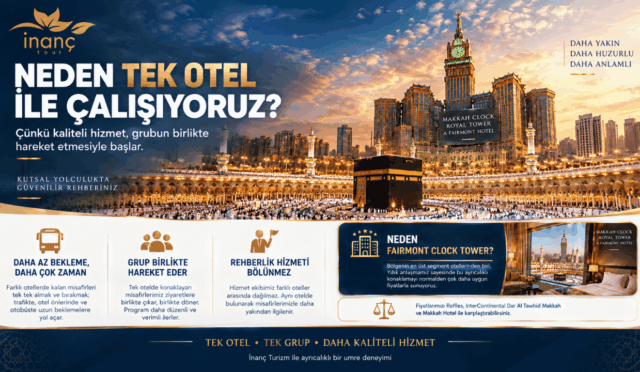 İnanç Tour umre organizasyonlarında Fairmont Clock Tower tek otel konaklama sisteminin avantajlarını anlatan bilgilendirme görseli.