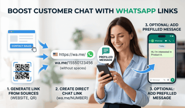 A visual guide showing how to create a WhatsApp link to boost customer chat, featuring website buttons, QR codes, wa.me direct links, and prefilled messages.