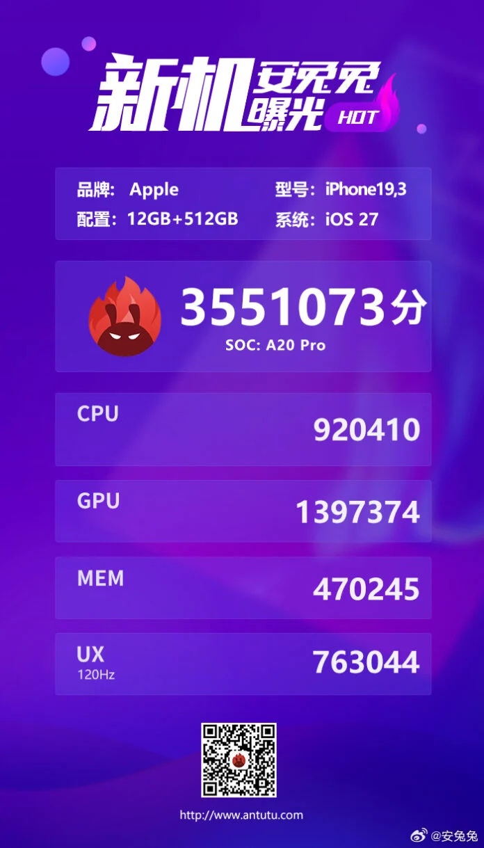 A20 Pro işlemcili Apple iPhone 19,3 (12GB+512GB) modelinin 3.551.073 toplam puan aldığı AnTuTu benchmark test sonucunu gösteren ekran görüntüsü.
