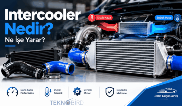 Turbodan gelen sıcak havayı soğutarak motora ileten intercooler parçasını ve sistemdeki sıcak/soğuk hava akış yönünü gösteren şema.