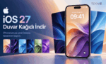 Ekranda yeni Celosia duvar kağıdı açık olan bir iPhone ve yanında farklı renk alternatiflerinin (mavi, yeşil, mor) dizildiği iOS 27 duvar kağıdı indirme görseli.
