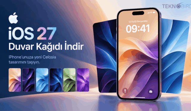 Ekranda yeni Celosia duvar kağıdı açık olan bir iPhone ve yanında farklı renk alternatiflerinin (mavi, yeşil, mor) dizildiği iOS 27 duvar kağıdı indirme görseli.