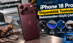 Koyu kırmızı renkli iPhone 18 Pro modelinin falçata, anahtar ve taş gibi kesici/delici aletlerle yapılan JerryRigEverything dayanıklılık testi konsept görseli. Görselin alt kısmında yeni kamera, ekran altı Face ID, Ceramic Shield 2 çizilme ve bükülme testi aşamaları ile A20 Pro işlemci logosu yer almaktadır.