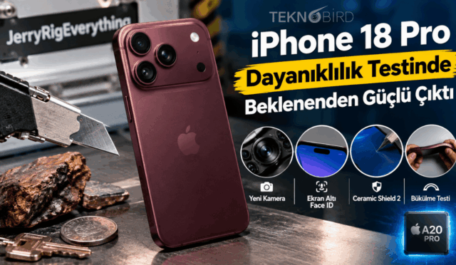 Koyu kırmızı renkli iPhone 18 Pro modelinin falçata, anahtar ve taş gibi kesici/delici aletlerle yapılan JerryRigEverything dayanıklılık testi konsept görseli. Görselin alt kısmında yeni kamera, ekran altı Face ID, Ceramic Shield 2 çizilme ve bükülme testi aşamaları ile A20 Pro işlemci logosu yer almaktadır.