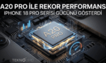 Apple A20 Pro işlemcili iPhone 18 Pro serisinin rekor kıran Geekbench ve AnTuTu performans testi puanlarını gösteren teknolojik çip görseli.