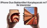 "iPhone Duo Beklentileri Karşılayacak mı? İlk İzlenimler" manşetli, elde tutulan katlanabilir ekranlı Apple iPhone Duo konsept tasarımı.