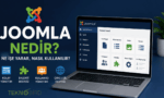 Dizüstü bilgisayar ekranında Joomla Türkçe kontrol paneli arayüzünü ve sistemin temel özelliklerini gösteren bilgilendirici görsel