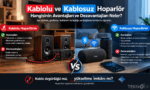 Kablolu ve kablosuz hoparlörlerin avantajlarını ve dezavantajlarını karşılaştıran teknoloji infografiği.