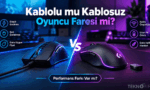 Kablolu ve kablosuz oyuncu farelerinin (mouse) karşılaştırıldığı; sol tarafta örgülü kabloya sahip bir fare, sağ tarafta ise kablosuz bir fare ve USB alıcısının yer aldığı karşılaştırma ekranı.